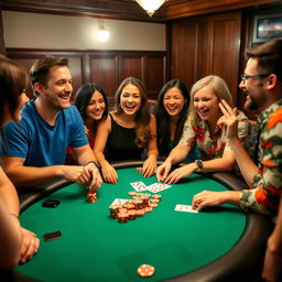 A lively group of friends gathered around a poker table, laughing and enjoying the game