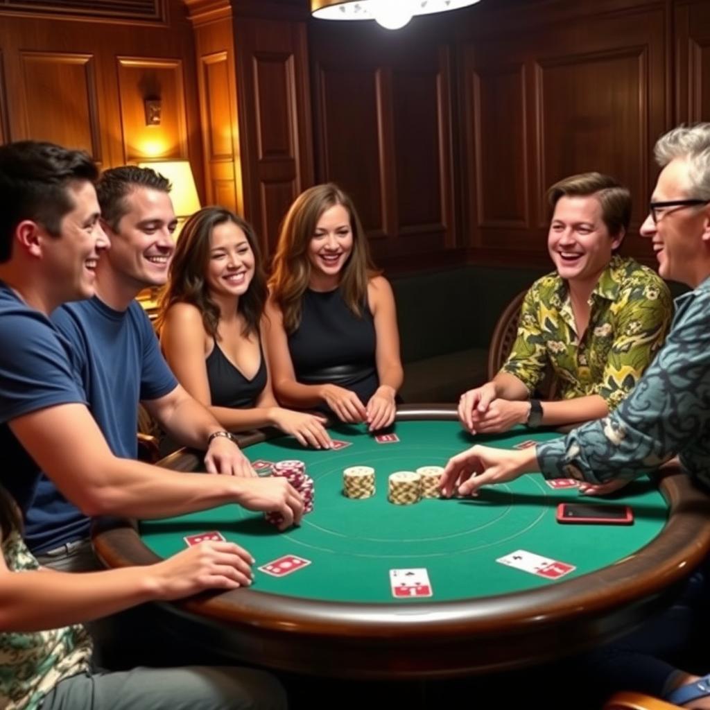 A lively group of friends gathered around a poker table, laughing and enjoying the game