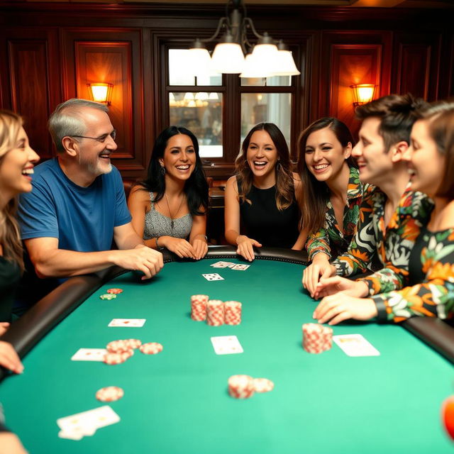 A lively group of friends gathered around a poker table, laughing and enjoying the game