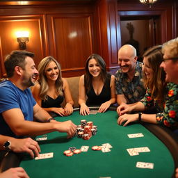 A lively group of friends gathered around a poker table, laughing and enjoying the game