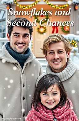 An enchanting winter scene featuring two clean-shaven men, one with dark hair and the other with blond hair, standing outside in fresh snow