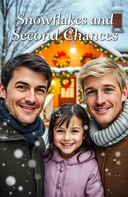 An enchanting winter scene featuring two clean-shaven men, one with dark hair and the other with blond hair, standing outside in fresh snow