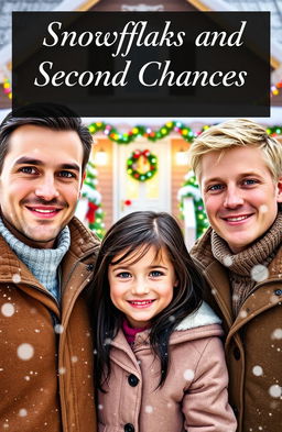 An enchanting winter scene featuring two clean-shaven men, one with dark hair and the other with blond hair, standing outside in fresh snow