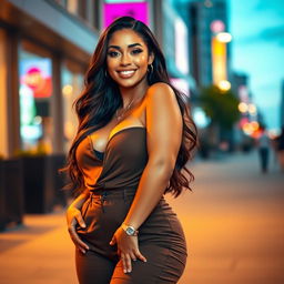 A beautiful voluptuous woman with curves, confidently posing in a stylish outfit that accentuates her figure
