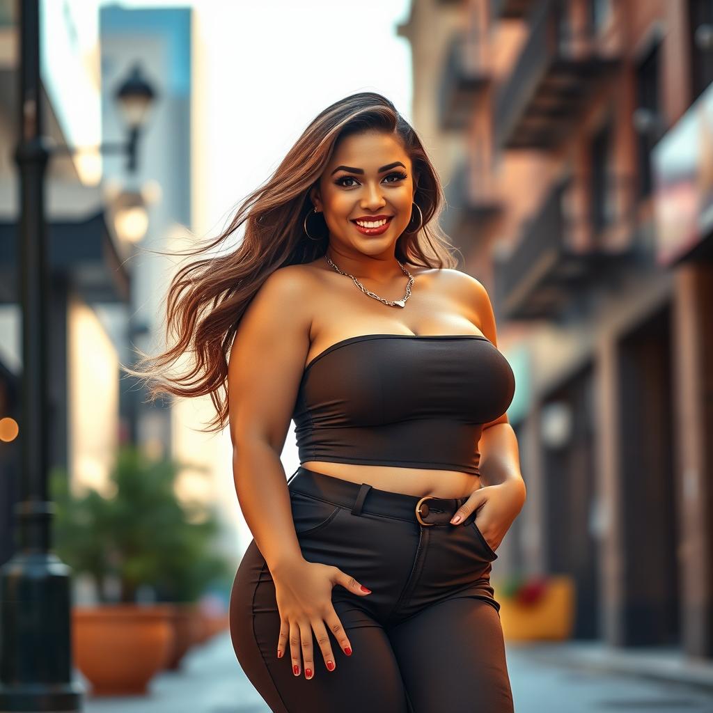 A beautiful voluptuous woman with curves, confidently posing in a stylish outfit that accentuates her figure