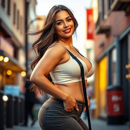 A beautiful voluptuous woman with curves, confidently posing in a stylish outfit that accentuates her figure