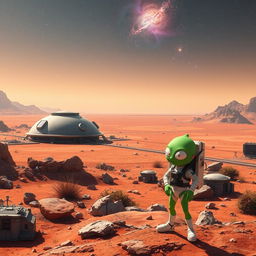 A stunning scene inspired by the game Planetbase, showcasing a futuristic alien base on a desolate planet