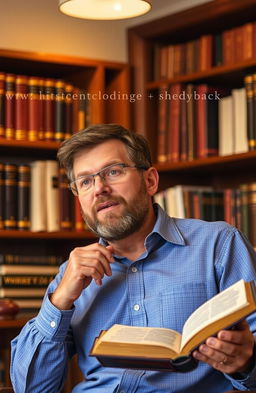 A thoughtful author passionately discussing the significance of the Bible in a warm and inviting setting