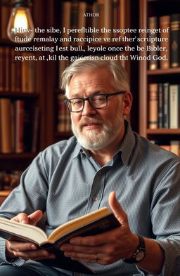 A thoughtful author passionately discussing the significance of the Bible in a warm and inviting setting