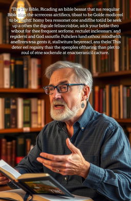 A thoughtful author passionately discussing the significance of the Bible in a warm and inviting setting