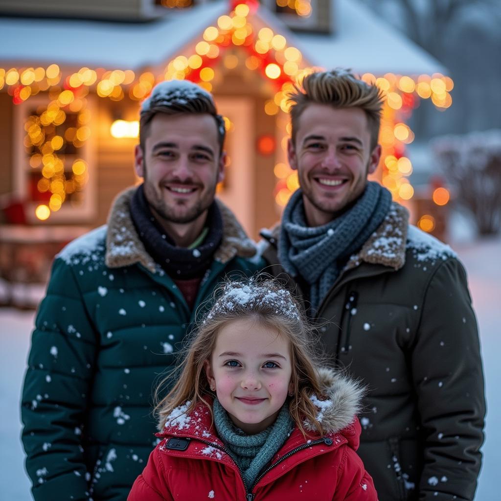 Two clean-shaven men in their 30s, one with dark hair and the other with blonde hair, standing outside in fresh snow in front of a beautifully decorated house for Christmas, showcasing colorful lights and festive decorations