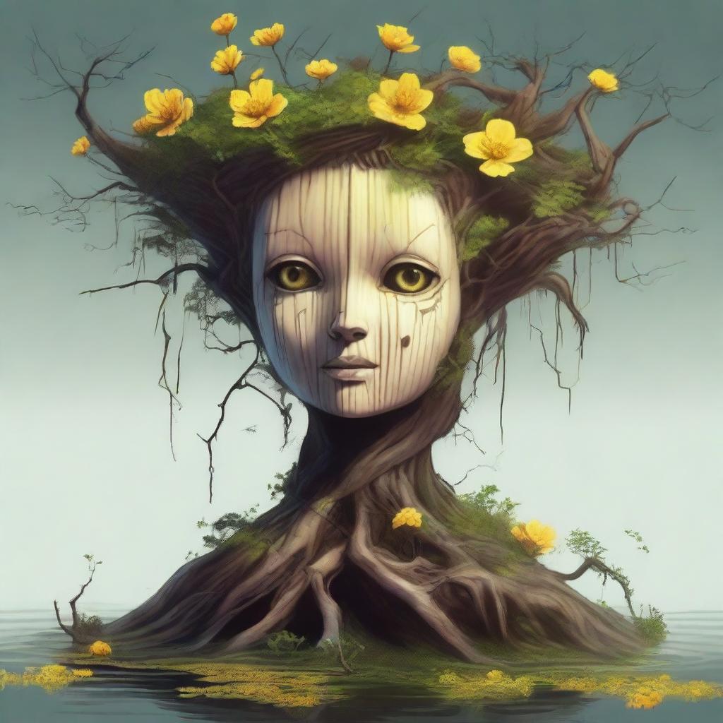 An eerie high-quality digital art image of a fantastical creature, a hybrid of a tree stump and a human