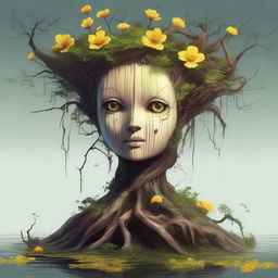 An eerie high-quality digital art image of a fantastical creature, a hybrid of a tree stump and a human