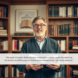 A dedicated author passionately emphasizing the importance of the Bible in an engaging and welcoming environment