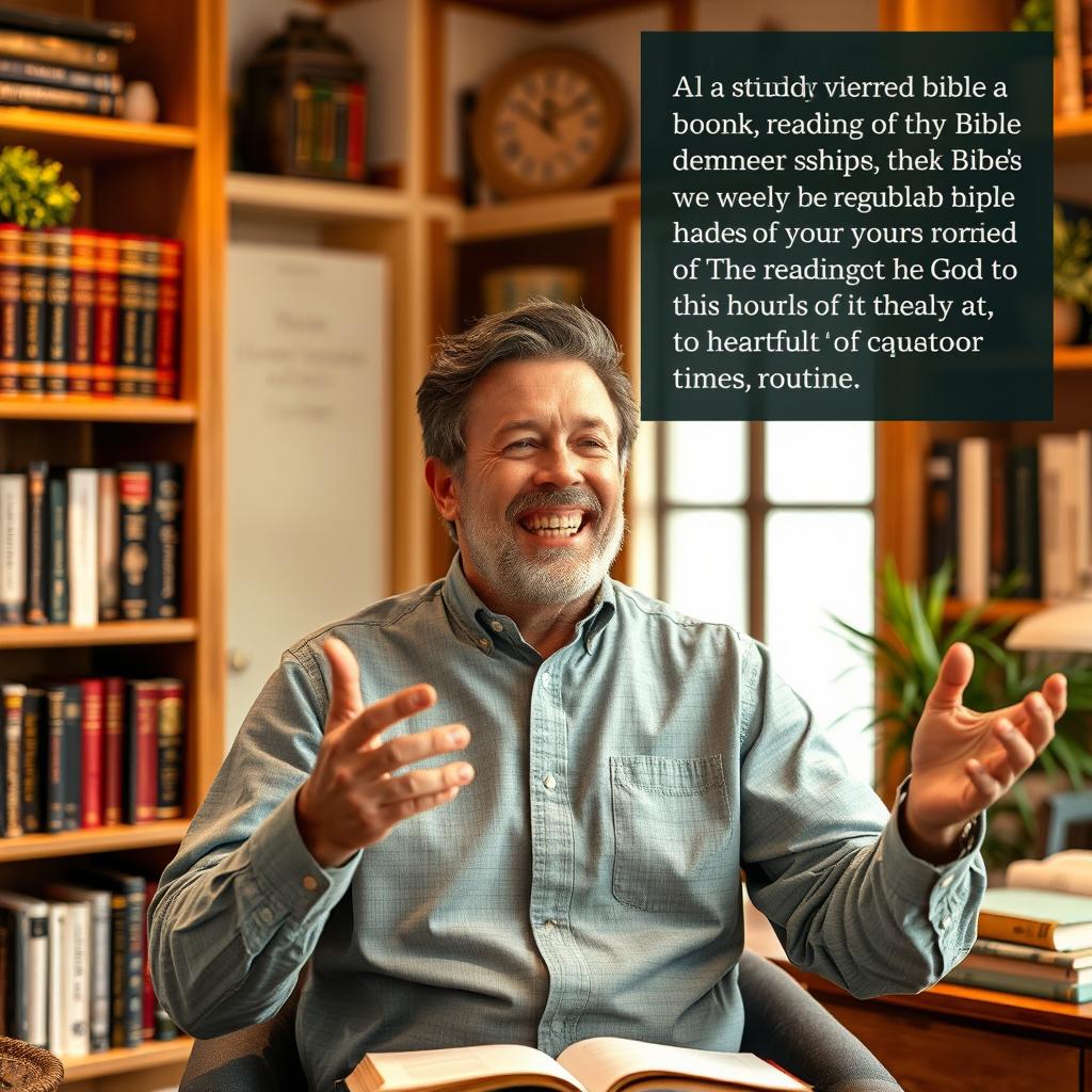 A dedicated author passionately emphasizing the importance of the Bible in an engaging and welcoming environment