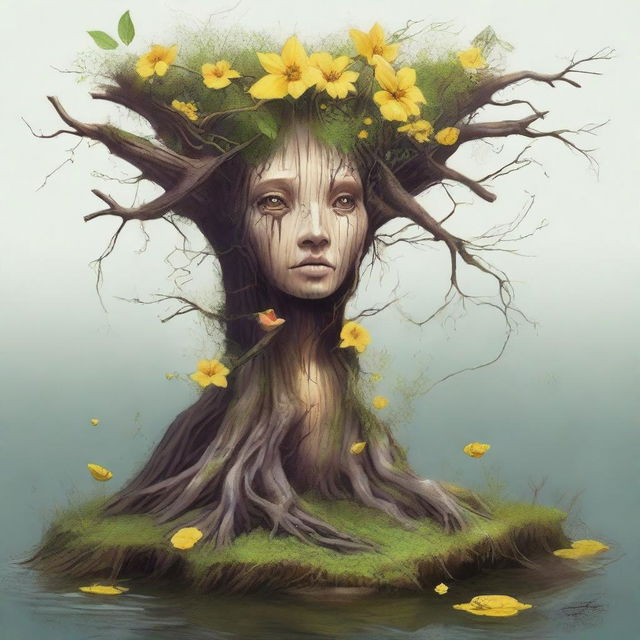 An eerie high-quality digital art image of a fantastical creature, a hybrid of a tree stump and a human