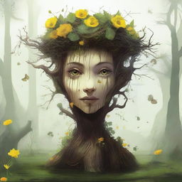 An eerie high-quality digital art image of a fantastical creature, a hybrid of a tree stump and a human