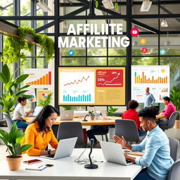A vibrant digital marketing scene showcasing affiliate marketing in action, featuring diverse individuals working on laptops, analyzing data, and collaborating