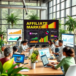 A vibrant digital marketing scene showcasing affiliate marketing in action, featuring diverse individuals working on laptops, analyzing data, and collaborating