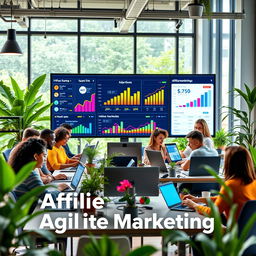 A vibrant digital marketing scene showcasing affiliate marketing in action, featuring diverse individuals working on laptops, analyzing data, and collaborating