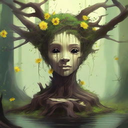 An eerie high-quality digital art image of a fantastical creature, a hybrid of a tree stump and a human