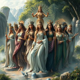 A stunning depiction of ancient goddesses from various mythologies, gathered in an ethereal landscape