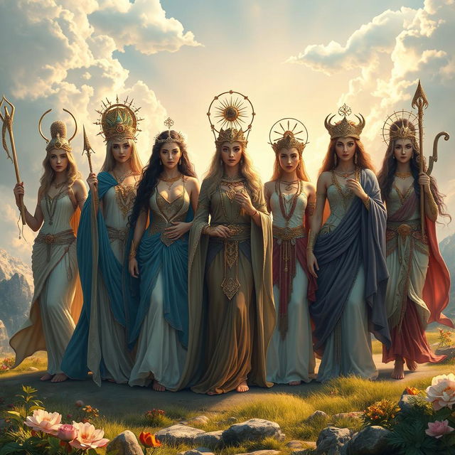 A stunning depiction of ancient goddesses from various mythologies, gathered in an ethereal landscape