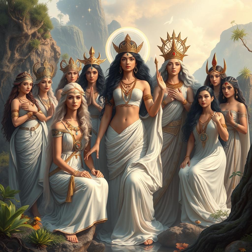 A stunning depiction of ancient goddesses from various mythologies, gathered in an ethereal landscape