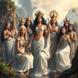 A stunning depiction of ancient goddesses from various mythologies, gathered in an ethereal landscape