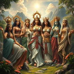 A stunning depiction of ancient goddesses from various mythologies, gathered in an ethereal landscape