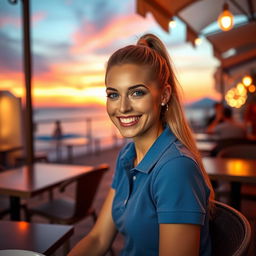 A masterpiece, hyper-realistic and photo-realistic image of a beautiful French woman in her 20s, relaxing at a café terrace on the beach during sunset