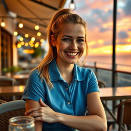 A masterpiece, hyper-realistic and photo-realistic image of a beautiful French woman in her 20s, relaxing at a café terrace on the beach during sunset