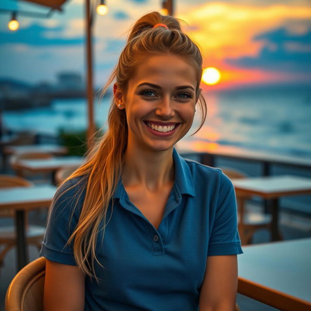 A masterpiece, hyper-realistic and photo-realistic image of a beautiful French woman in her 20s, relaxing at a café terrace on the beach during sunset