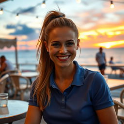 A masterpiece, hyper-realistic and photo-realistic image of a beautiful French woman in her 20s, relaxing at a café terrace on the beach during sunset