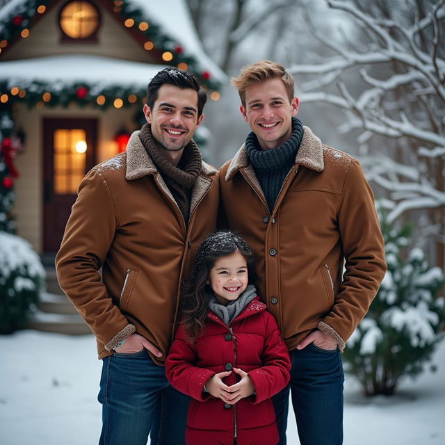 A heartwarming winter scene set outside a beautifully decorated house adorned with festive Christmas decorations