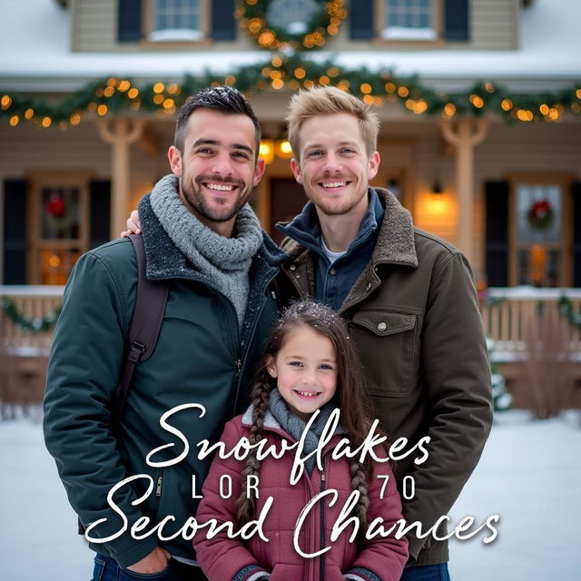 Two men in their 30s, one with clean shaven dark hair and the other with short blond hair, standing outside in the snow in front of a beautifully decorated house with festive Christmas decorations like lights and wreaths