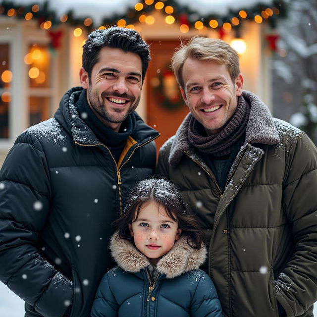 Two men in their 30s, one with dark hair and the other with short blond hair, standing outside in the snow in front of a festively decorated house adorned with lights and Christmas ornaments