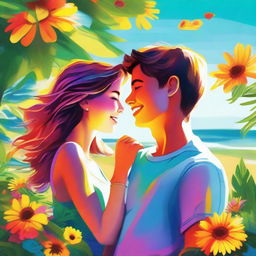 A vibrant, high-quality digital art image that portrays a teen couple enjoying their summer