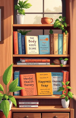 A detailed illustration of various mental health therapy books displayed on a wooden bookshelf