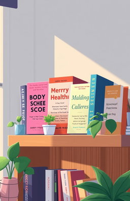 A detailed illustration of various mental health therapy books displayed on a wooden bookshelf