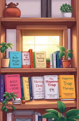 A detailed illustration of various mental health therapy books displayed on a wooden bookshelf