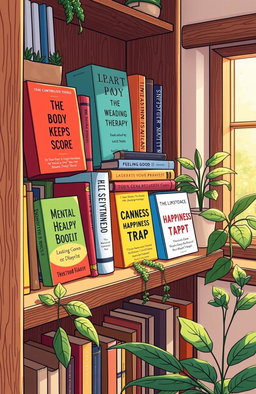 A detailed illustration of various mental health therapy books displayed on a wooden bookshelf