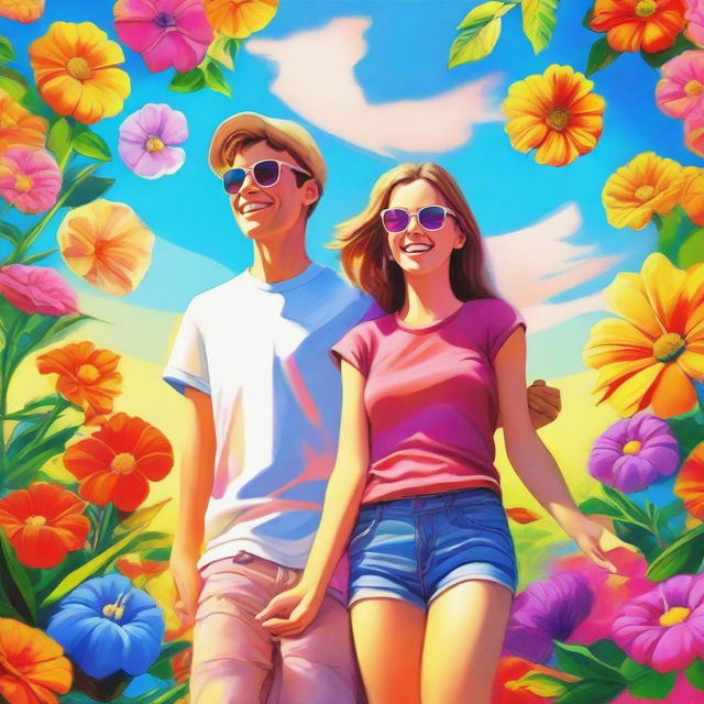 A vibrant, high-quality digital art image that portrays a teen couple enjoying their summer