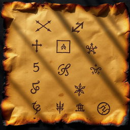 An aged parchment with burnt and worn edges, featuring intricate traces of ancient spells elegantly written across it