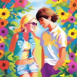 A vibrant, high-quality digital art image that portrays a teen couple enjoying their summer