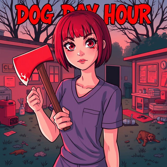 A cartoon-style horror slasher film poster titled "Dog Day Hour" featuring a beautiful young woman with short red hair and bangs, wearing scrubs