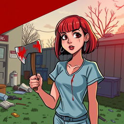 A cartoon-style horror slasher film poster titled "Dog Day Hour" featuring a beautiful young woman with short red hair and bangs, wearing scrubs