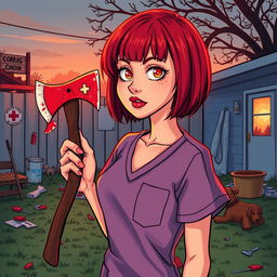 A cartoon-style horror slasher film poster titled "Dog Day Hour" featuring a beautiful young woman with short red hair and bangs, wearing scrubs