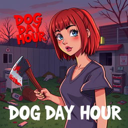 A cartoon-style horror slasher film poster titled "Dog Day Hour" featuring a beautiful young woman with short red hair and bangs, wearing scrubs