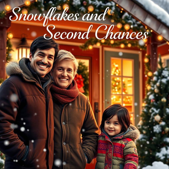 A festive scene featuring two men standing together outside a cozy house beautifully decorated for Christmas